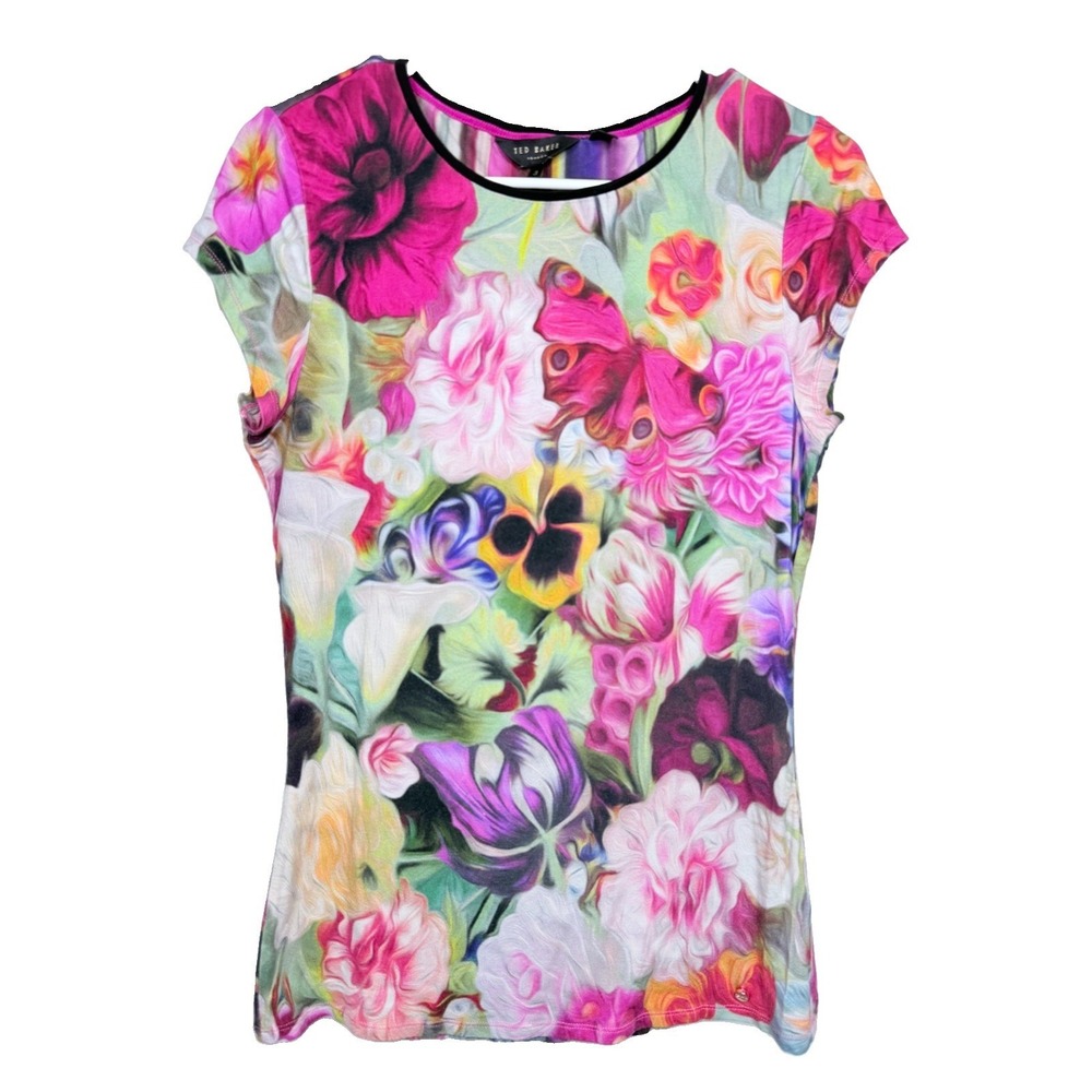 Ted Baker Butterfly Floral Tee Womens Sz 3/L Pink Botanical Garden Stretch Top
